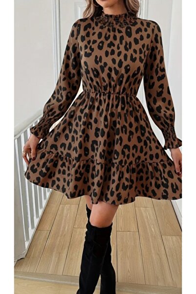 JANES Γυναικείο μίνι φόρεμα με μακρύ μανίκι με λεοπάρ στάμπα
