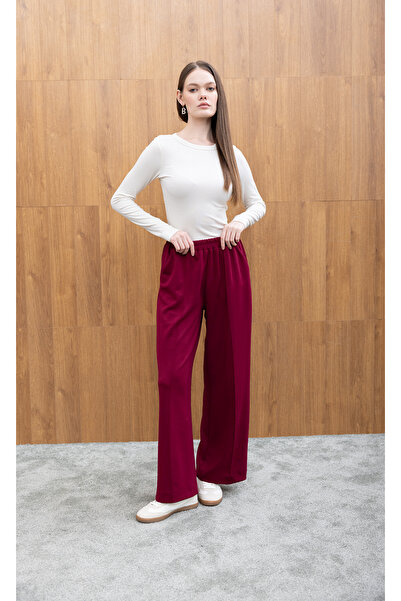 Birgül Bektaş Claret Red Elastic Waist Wide Leg Trousers