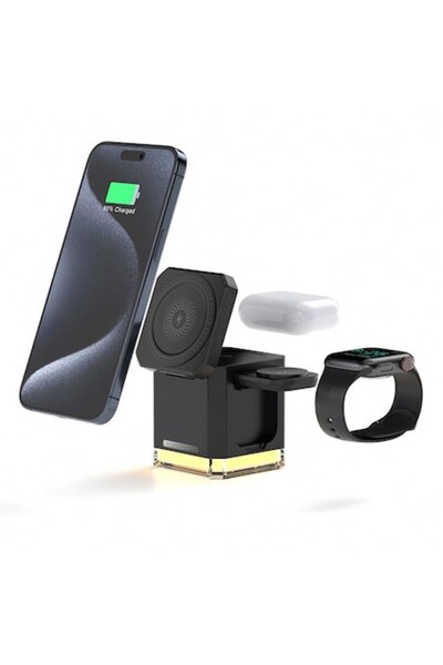 AdyMel 4-in-1 Wireless Fast Charger with Night Light, 15W, for Phone, Earbuds, Smartwatch, Black