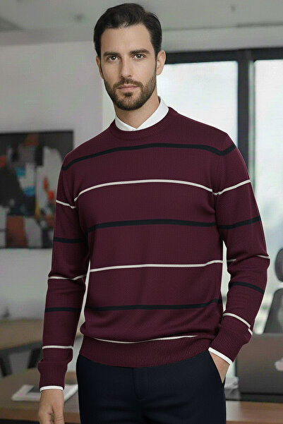 Millionaire Men's Striped Detailed Burgundy Crew Neck Standard Regular Fit Blended Knit Sweater
