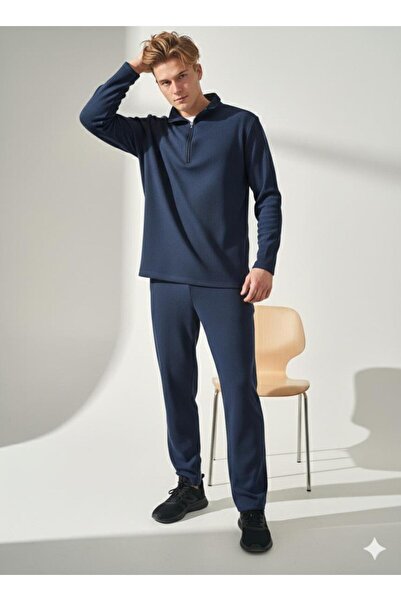 ribana Unisex Corded Fabric Shirt Collar Zippered Pocket Elastic Waist Knitwear Bottom Top Set