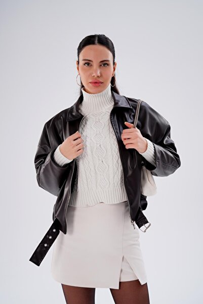 ŞİMAL Women's Belt Detailed Leather Jacket 255441 -