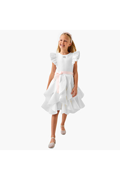 Juniors Bow Accent Dress with Ruffle Detail