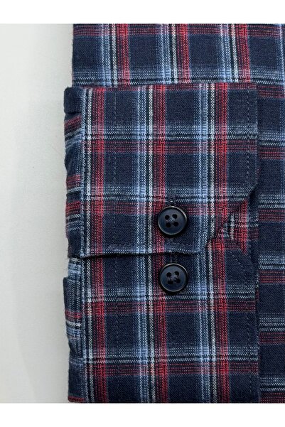 KAMER Regular Fit Winter 100% Cotton Long Sleeve Button-Up Collar Plaid Navy Blue Shirt 3866L