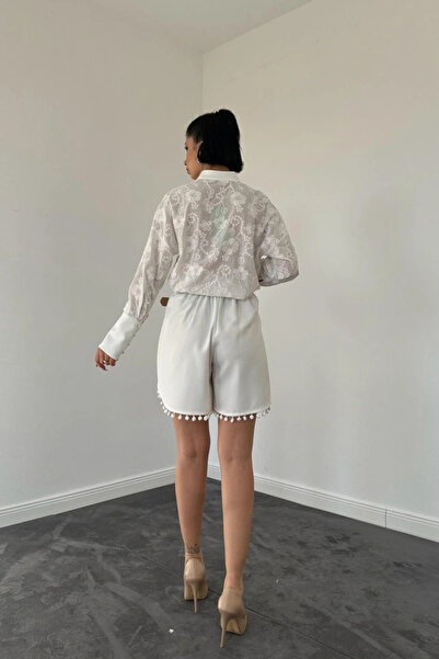 GENCULUS Ecru Lace Shirt and Pom-Pom Shorts Set