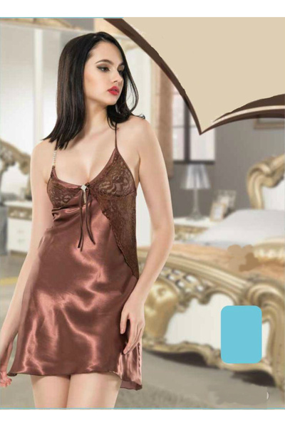 Stylish A short, soft satin nightgown adorned with lace for a sexy and attractive look.