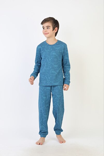 İsobel Kids Boy's Corded Fabric Interlock Fabric Long Sleeve Animal Pattern Pajama Set