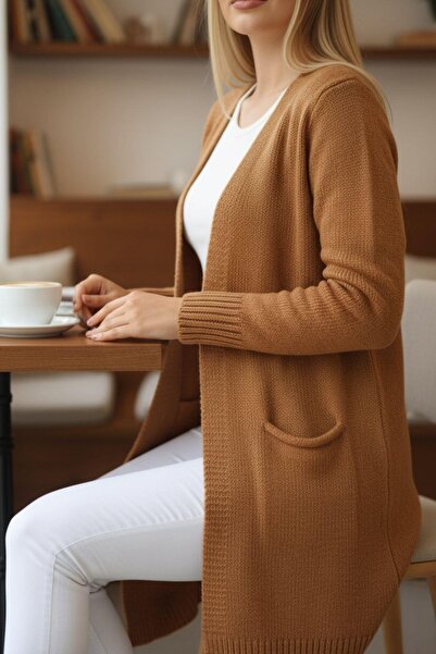 Mossta Women's Long Pocket Knit Cardigan – Soft Texture, Basic Comfortable Fit – Tan