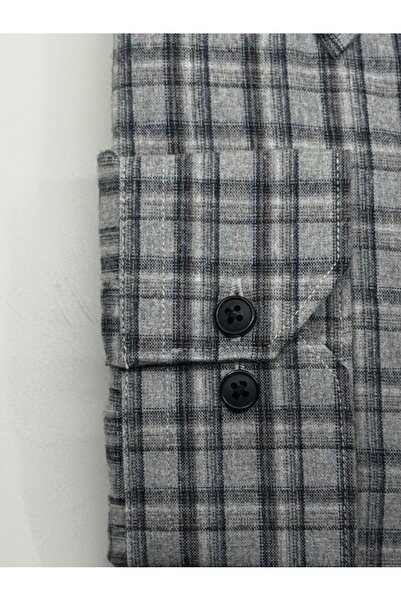 KAMER Regular Fit Winter 100% Cotton Long Sleeve Button-Up Collar Plaid Grey Shirt 3866g