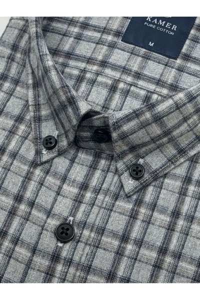 KAMER Regular Fit Winter 100% Cotton Long Sleeve Button-Up Collar Plaid Grey Shirt 3866g