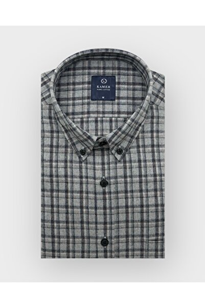 KAMER Regular Fit Winter 100% Cotton Long Sleeve Button-Up Collar Plaid Grey Shirt 3866g