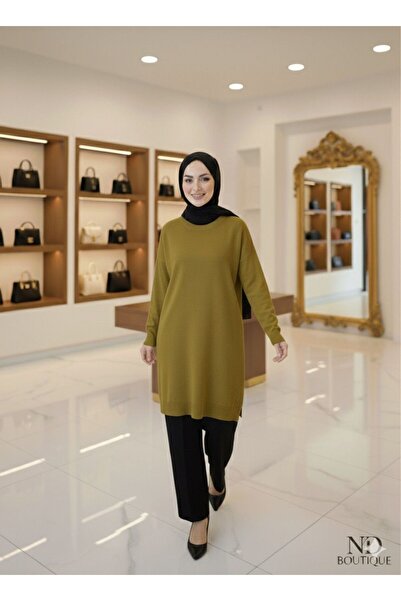 MEİLİN Dark Olive Green Crew Neck Mercerized Loose Knit Tunic