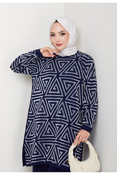 KAYA BUTİK Silvery Geometry Patterned Knitwear Tunic