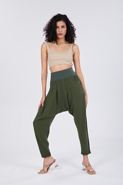 della moor Women's Khaki Elastic Waist Belmando Shalwar Trousers