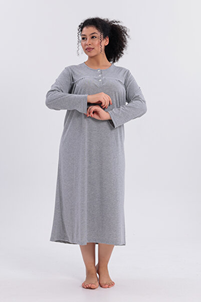 Mio Vero Women's Piped Long Sleeve Cotton Plus Size (Oversized) Nightgown