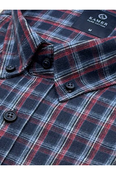 KAMER Regular Fit Winter 100% Cotton Long Sleeve Button-Up Collar Plaid Navy Blue Shirt 3866L