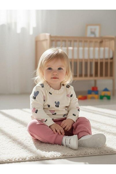 Zekids Baby Girl Cotton Heart Double Tracksuit Set