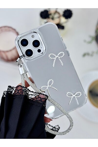 Go Aksesuar iPhone 14 Promax Mirrored Charm Bow Design Silicone Case with Toy