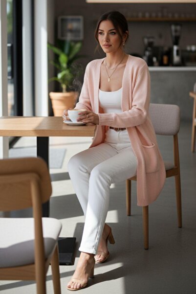 Mossta Women's Long Pocket Knit Cardigan – Pastel Tone, Casual Comfortable Fit – Powder