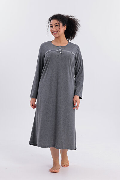 Mio Vero Women's Piped Long Sleeve Cotton Plus Size (Oversized) Nightgown