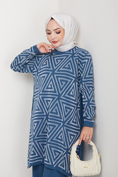 KAYA BUTİK Silvery Geometry Patterned Knitwear Tunic