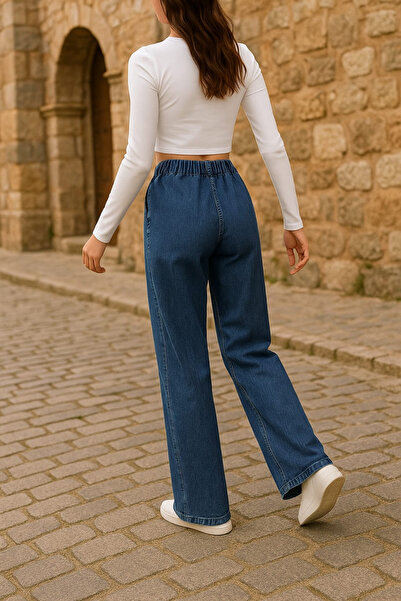 CEDY DENIM - Stretch Fabric Fabric Pocketless Belt with Elastic Waist Palazzo Pants C640-Light Blue