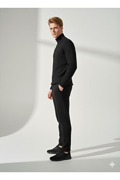 ribana Unisex Corded Fabric Shirt Collar Zippered Pocket Elastic Waist Knitwear Bottom Top Set