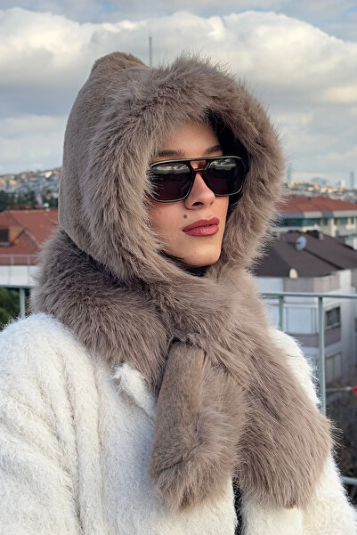 Mollycrush Women's Camel Faux Fur Scarf Hat – Winter Warm Soft Plush Model