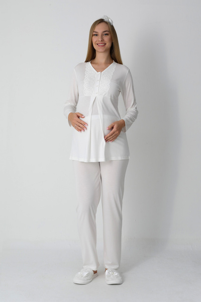 ERDENİZ TEKSTİL Pregnant Women's 3-Piece Pajama & Robe Set – Jacquard Fabric with Bow Pattern, Breastfeeding, Viscose-Cotton