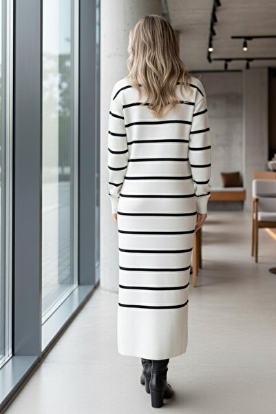 Mossta Pure Elegance Knitwear Long Dress – Minimal Style, Elegant Fit, Slit Detail – Ecru