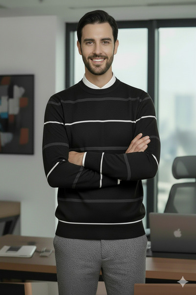 Millionaire Men's Stripe Detailed Black Crew Neck Standard Regular Cut Regular Fit Blended Knit Sweater