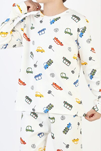 İsobel Kids Boy's Car Patterned Corded Fabric Interlock Fabric Long Sleeve Pajama Set