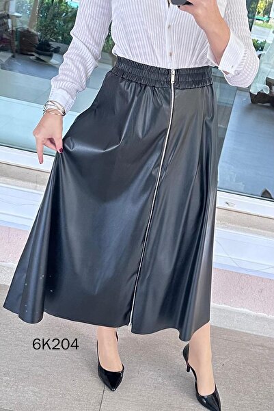 İnce Topuk Zippered Leather Skirt 6K204