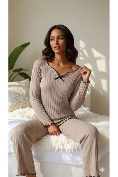 PEMBİŞ HOMEWEAR KADIN PIJAMA TAKIMI UZUN KOLLU FİTİLLİ