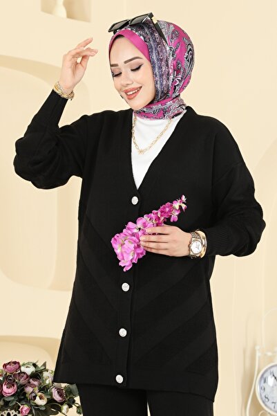 ModaMerve Düğme Detaylı Triko Takım 1314MT581-MS Siyah