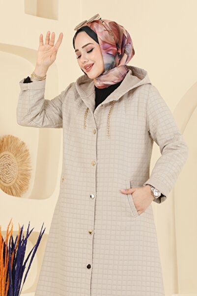 ModaMerve Kapüşonu Zincirli Kapitone Kap 1314-1ORG1169-MS Taş