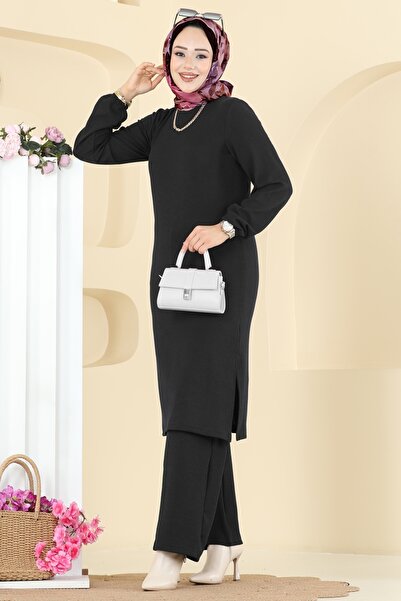 ModaMerve Bisiklet Yaka Burgu Takım 4136PM271-MS Siyah