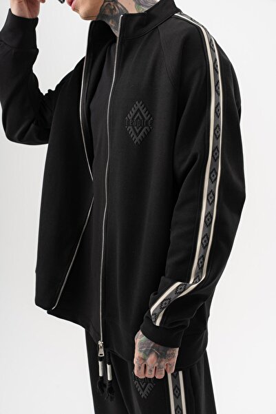 Respire Ανδρικό φούτερ με λεπτομέρεια ρίγες, όρθιο γιακά, διπλό φερμουάρ, oversize, μαύρο