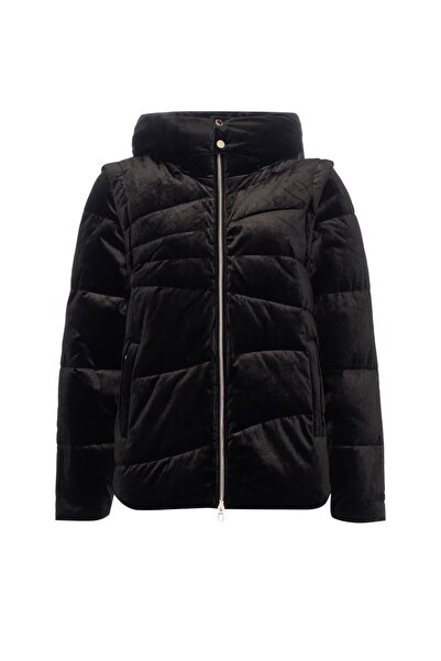 EA7 Women's Black Coat with Removable Zippered Hood and Sleeves Matching Embroidered Logo Pockets 7W000441 Af156