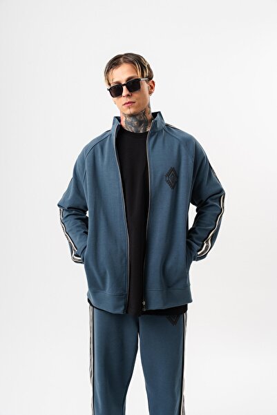 Respire Ανδρικό φούτερ ριγέ ψηλός λαιμός Doubleface Zip oversized Petrol