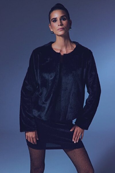 Sateen Yakasız Peluş Ceket