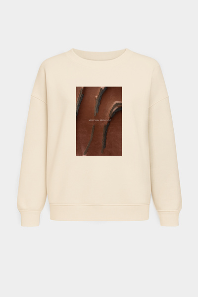 Amia&Co. Beige Crew Neck Printed Fleece-Lined Oversized Sweatshirt