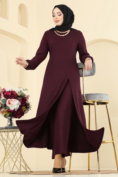 ModaMerve Yırtmaç Detaylı Balıksırtı Takım 24003UKBK1160-MS Bordo