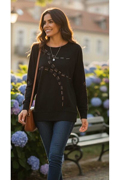 Aylin Long Sleeve Printed Front and Ribbed Bottom and Sleeves Sports Knitwear