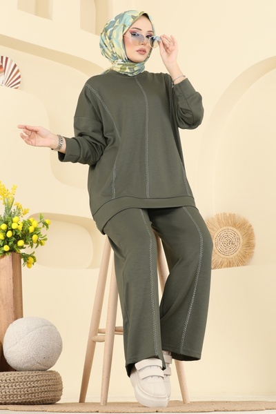 ModaMerve Dekoratif Dikiş Detaylı Takım 3216HBS856-MS Haki