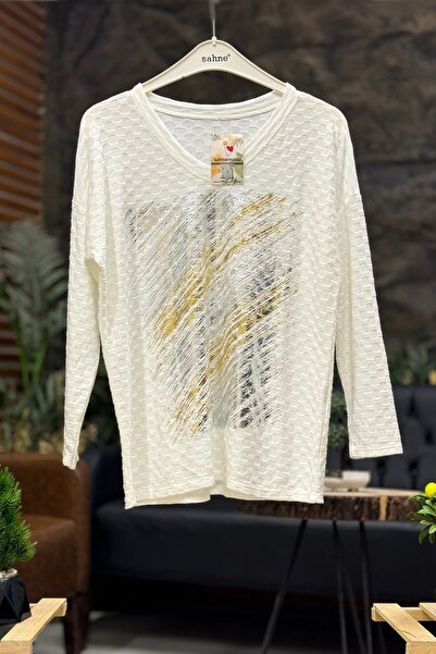 sahnemoda Wave pattern gilded v-neck velvet imported blouse