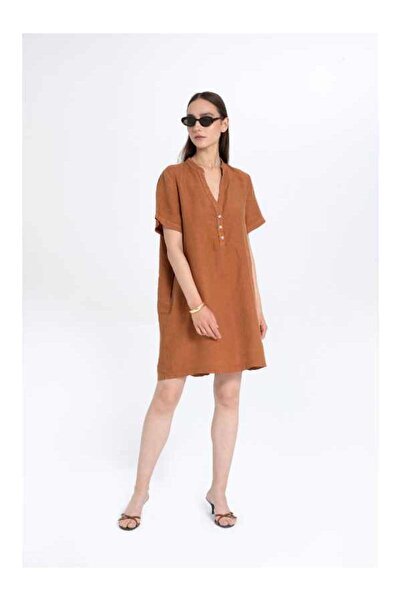 İpekçi Otantik V Yaka Keten Oversize Tunik Elbise