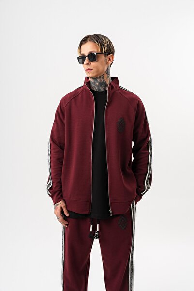 Respire Ανδρικό φούτερ με λεπτομέρεια ρίγες, όρθιο γιακά, διπλό φερμουάρ, oversize, μπορντό