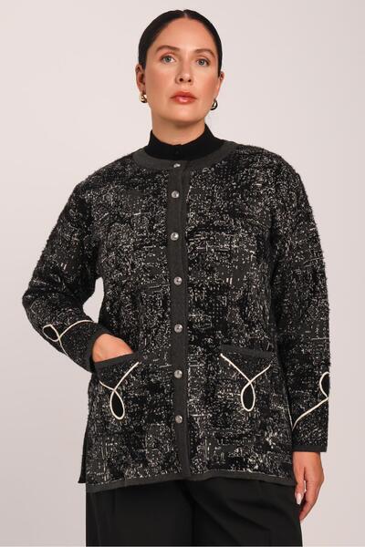 Uludağ Triko سترة نسائية منسوجة باللون الأسود والبني الداكن مع شريط وجيوب وإك...