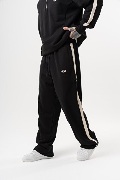 Respire Men's Diagonel Baggy Sweatpants with Dirty Stitch Detail, Black